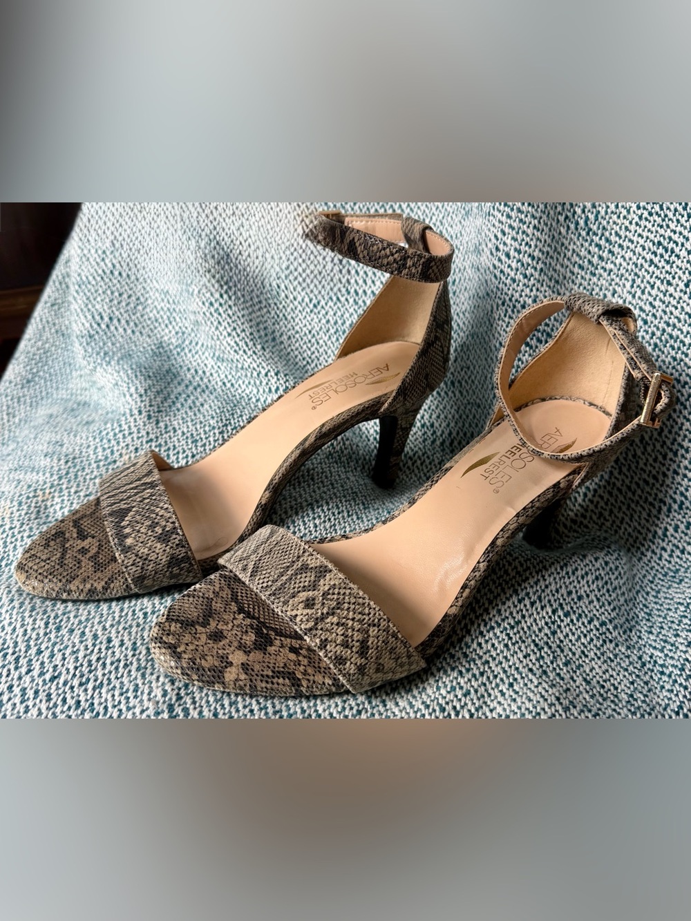 Aerosoles Heelrest Snake Print Ankle Strap Heels 7.5 Taupe Brown Open Toe